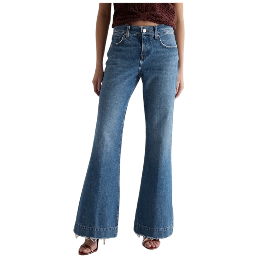 Express 70s Flare Jeans Womens 10R Mid Rise Raw Hem Medium Wash Denim - Picture 7 of 16
